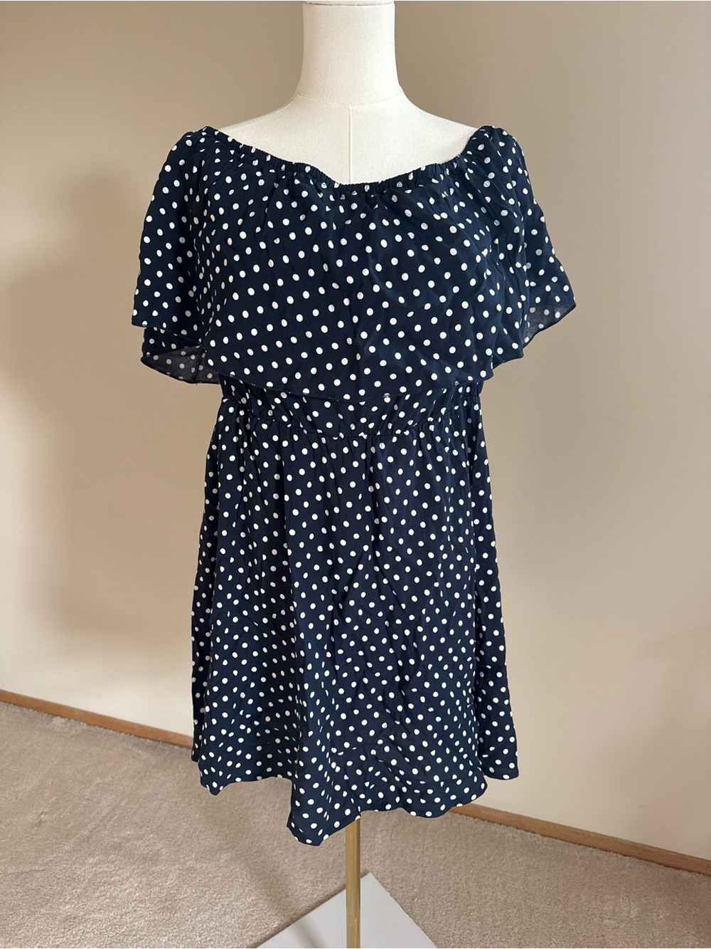 C.CLINE NWT Navy Polka Dot Off Shoulder Dress